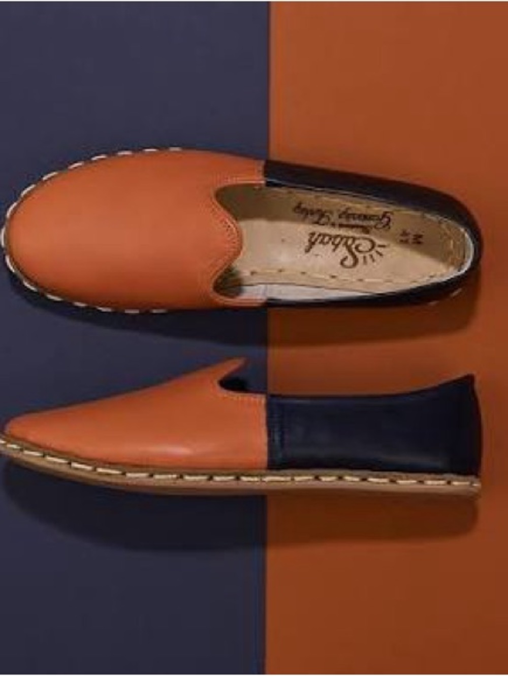 Sabah Two-Tone slip on Shoes in Camel and Navy